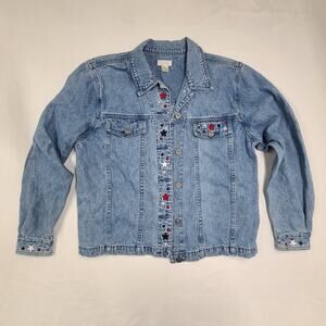 Christopher & Banks Denim Jacket Embroidered Stars Patriotic Red White Blue L